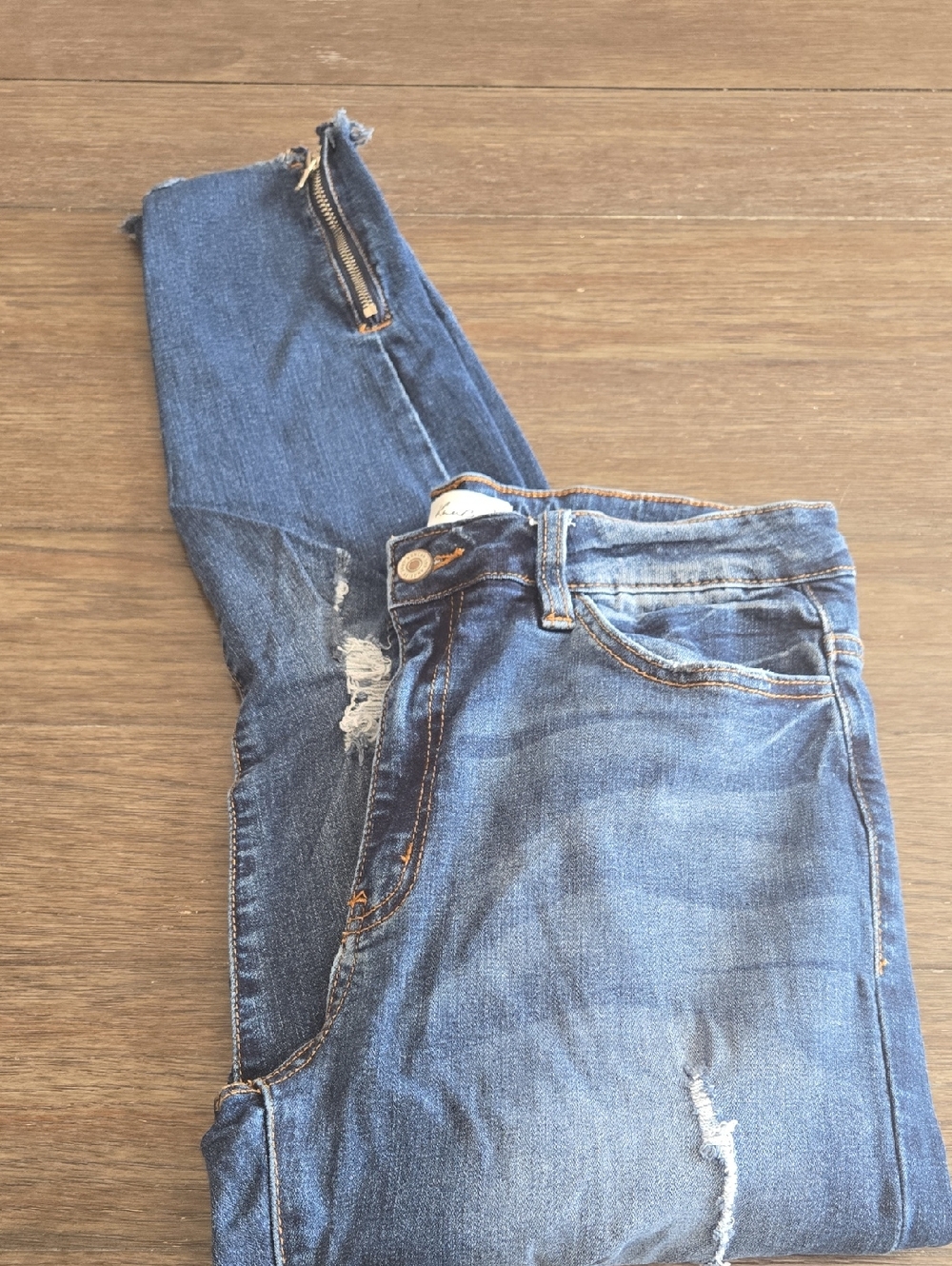 KanCan Medium Blue Distressed Ankle Skinny Jeans with Side Zip